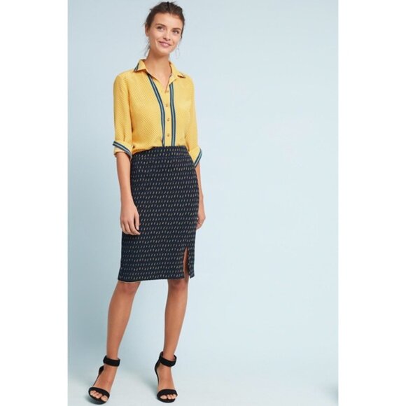 Anthropologie Maeve Hannon Textured Pencil Mini Skirt In Blue Motif Size 6 EUC - Picture 3 of 11